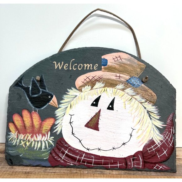 Hand-Painted Slate Autumn Welcome Sign With Scarecrow & Bird Design - Picture 1 of 3